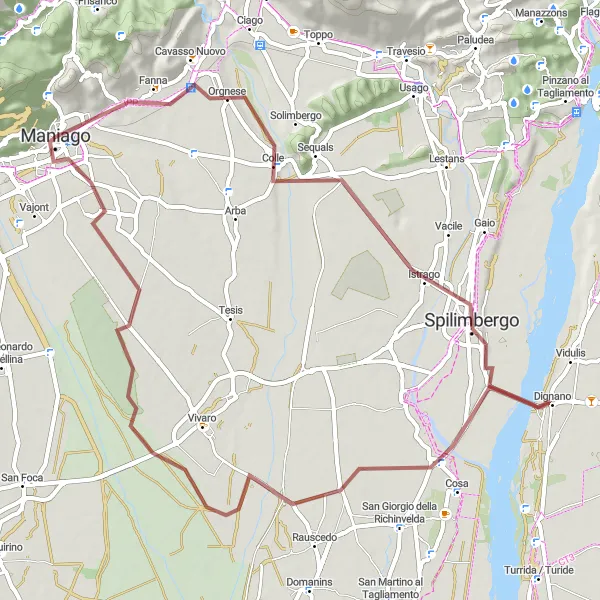 Miniaturní mapa "Okruh kolem Maniaga" inspirace pro cyklisty v oblasti Friuli-Venezia Giulia, Italy. Vytvořeno pomocí plánovače tras Tarmacs.app