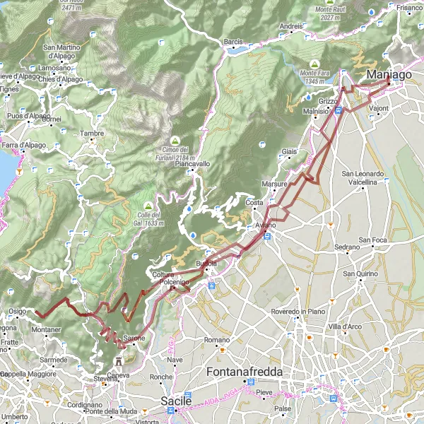 Miniatuurkaart van de fietsinspiratie "Uitdagende gravelroute met panoramisch uitzicht" in Friuli-Venezia Giulia, Italy. Gemaakt door de Tarmacs.app fietsrouteplanner