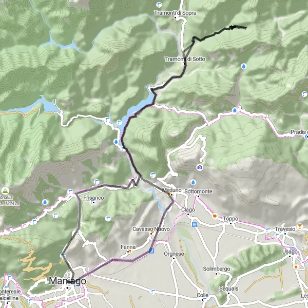 Mapa miniatúra "Cyklistická trasa cez Frisanco a Monte Ciampuc" cyklistická inšpirácia v Friuli-Venezia Giulia, Italy. Vygenerované cyklistickým plánovačom trás Tarmacs.app