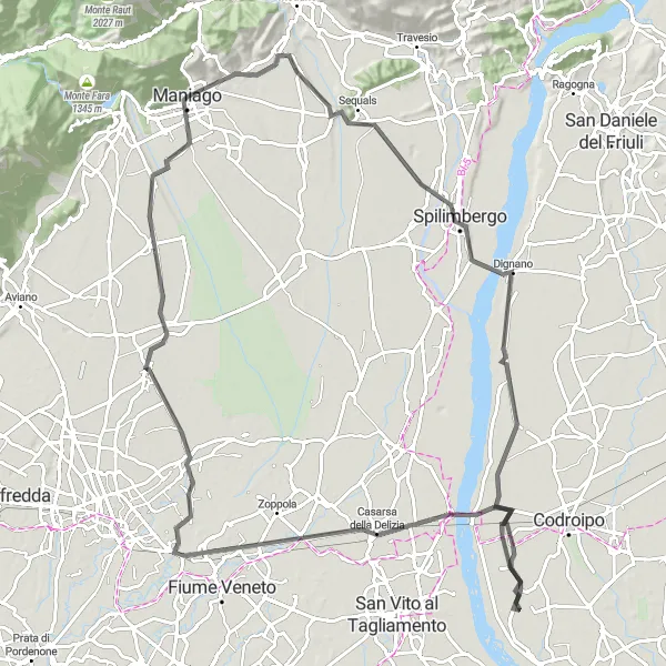 Miniatuurkaart van de fietsinspiratie "Ontdek de Pordenone regio op de fiets" in Friuli-Venezia Giulia, Italy. Gemaakt door de Tarmacs.app fietsrouteplanner