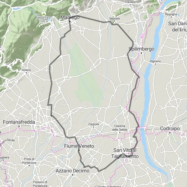 Miniatuurkaart van de fietsinspiratie "Maniago naar Col Palis en Torre" in Friuli-Venezia Giulia, Italy. Gemaakt door de Tarmacs.app fietsrouteplanner