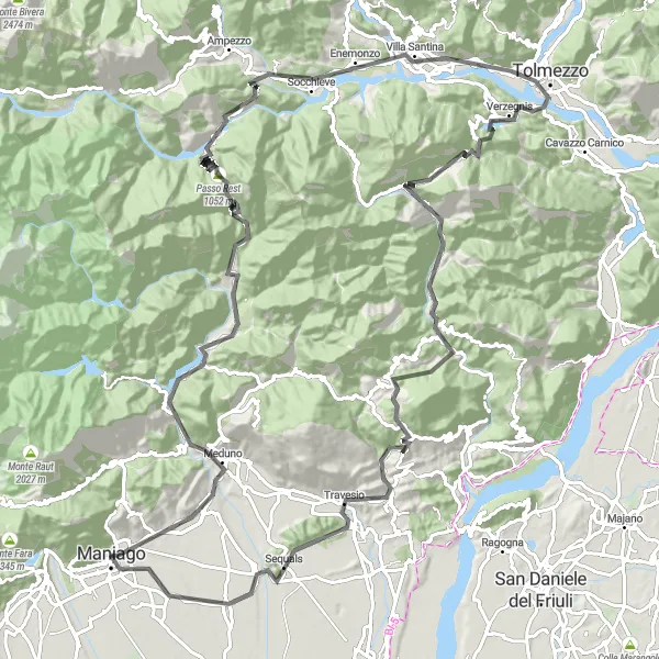 Miniaturní mapa "Jižní okruh Maniago" inspirace pro cyklisty v oblasti Friuli-Venezia Giulia, Italy. Vytvořeno pomocí plánovače tras Tarmacs.app