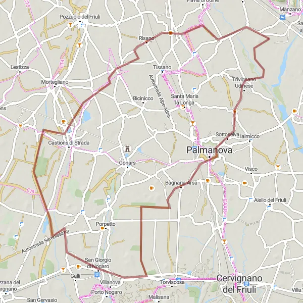 Miniatua del mapa de inspiración ciclista "Ruta de Grava Trivignano Udinese - San Giorgio di Nogaro" en Friuli-Venezia Giulia, Italy. Generado por Tarmacs.app planificador de rutas ciclistas