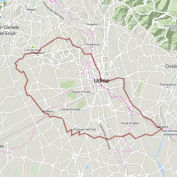 Mapa miniatúra "Rozsiahly gravel okruh v okolí Manzana" cyklistická inšpirácia v Friuli-Venezia Giulia, Italy. Vygenerované cyklistickým plánovačom trás Tarmacs.app