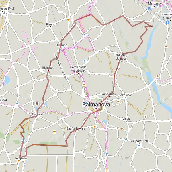 Miniatura mapy "Trasa gravelowa wokół Manzano - Gonars" - trasy rowerowej w Friuli-Venezia Giulia, Italy. Wygenerowane przez planer tras rowerowych Tarmacs.app