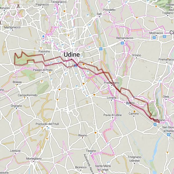 Miniaturní mapa "Kamenité cesty Pradamano - Udine - Pasian di Prato - Buttrio - Colle Clama" inspirace pro cyklisty v oblasti Friuli-Venezia Giulia, Italy. Vytvořeno pomocí plánovače tras Tarmacs.app