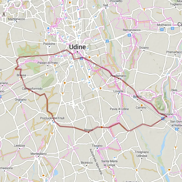 Miniaturní mapa "Gravelová trasa Campoformido - Colle Clama" inspirace pro cyklisty v oblasti Friuli-Venezia Giulia, Italy. Vytvořeno pomocí plánovače tras Tarmacs.app
