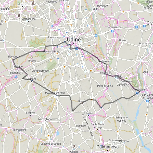 Miniatuurkaart van de fietsinspiratie "Manzano to Udine Road Cycling Route" in Friuli-Venezia Giulia, Italy. Gemaakt door de Tarmacs.app fietsrouteplanner