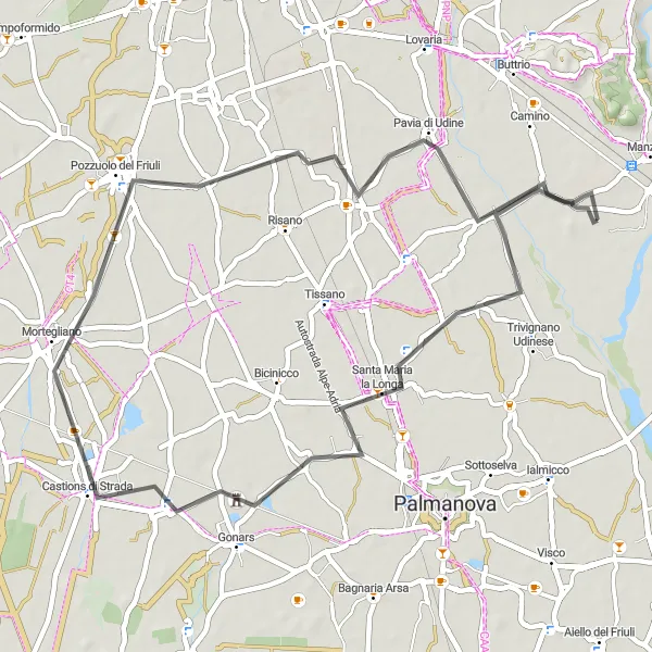 Miniatua del mapa de inspiración ciclista "Ruta de ciclismo de carretera por Santa Maria la Longa y Pavia di Udine" en Friuli-Venezia Giulia, Italy. Generado por Tarmacs.app planificador de rutas ciclistas