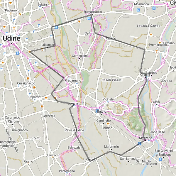 Mapa miniatúra "Cyklotúra cez Pavia di Udine a Remanzacco" cyklistická inšpirácia v Friuli-Venezia Giulia, Italy. Vygenerované cyklistickým plánovačom trás Tarmacs.app