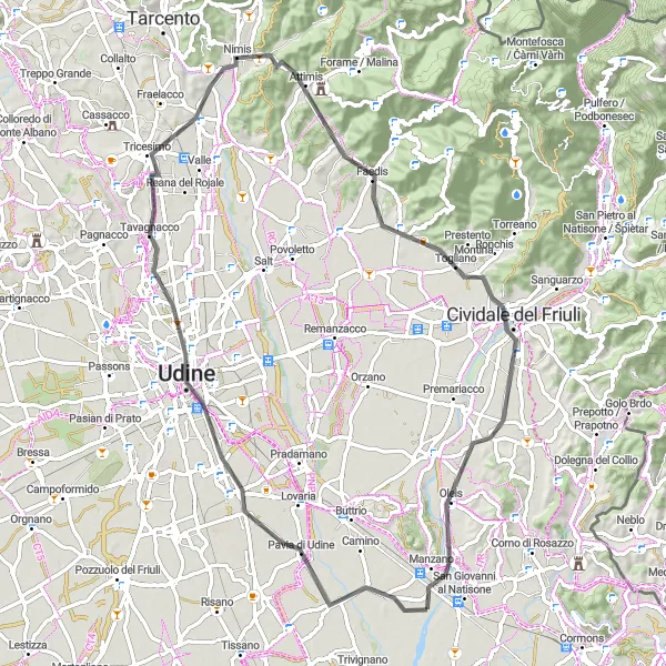 Kartminiatyr av "Udine og Monte Nongruelle Road Cycling Loop" sykkelinspirasjon i Friuli-Venezia Giulia, Italy. Generert av Tarmacs.app sykkelrutoplanlegger