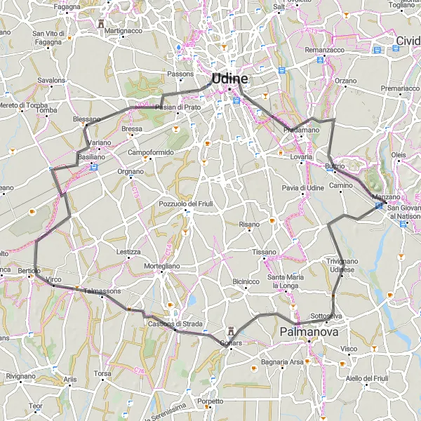 Miniatua del mapa de inspiración ciclista "Ruta a Trivignano Udinese y alrededores" en Friuli-Venezia Giulia, Italy. Generado por Tarmacs.app planificador de rutas ciclistas