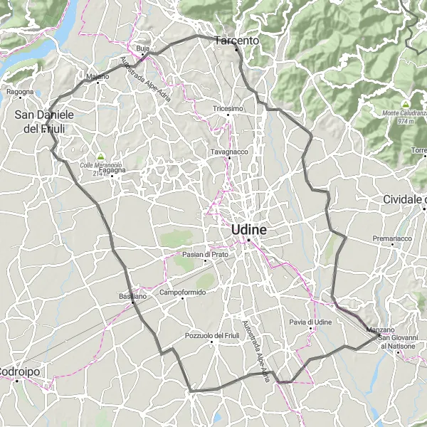 Miniatura della mappa di ispirazione al ciclismo "Avventuroso Road Trip di 102 km tra Manzano e Buttrio" nella regione di Friuli-Venezia Giulia, Italy. Generata da Tarmacs.app, pianificatore di rotte ciclistiche