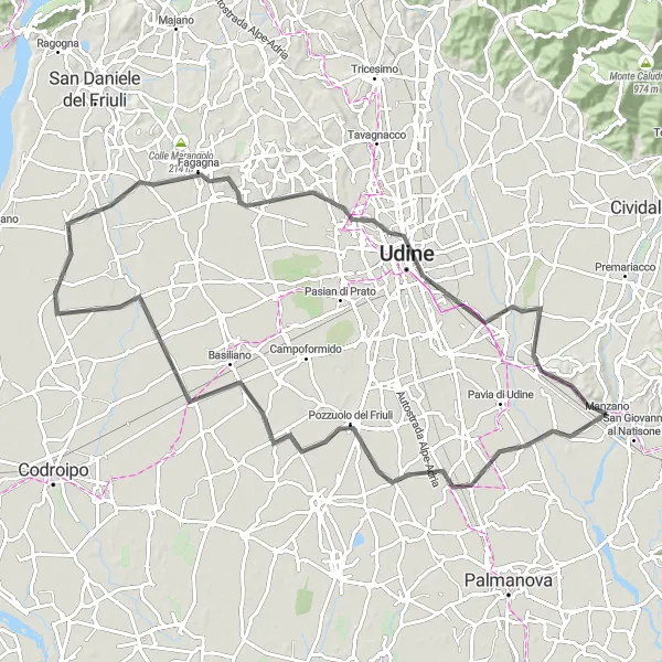 Zemljevid v pomanjšavi "Kolesarska pot v Furlaniji-Vzhodni Benečiji" kolesarske inspiracije v Friuli-Venezia Giulia, Italy. Generirano z načrtovalcem kolesarskih poti Tarmacs.app