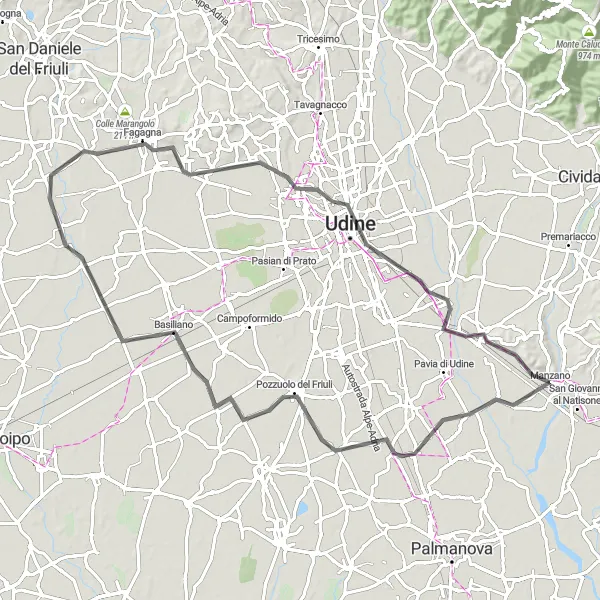 Miniatua del mapa de inspiración ciclista "Ruta a Santo Stefano Udinese y más" en Friuli-Venezia Giulia, Italy. Generado por Tarmacs.app planificador de rutas ciclistas