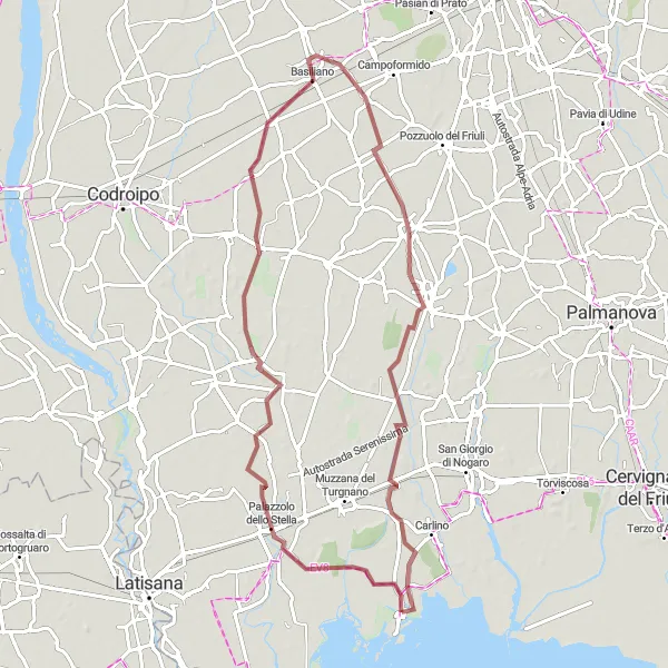Miniatua del mapa de inspiración ciclista "Ruta de Grava desde Marano Lagunare" en Friuli-Venezia Giulia, Italy. Generado por Tarmacs.app planificador de rutas ciclistas