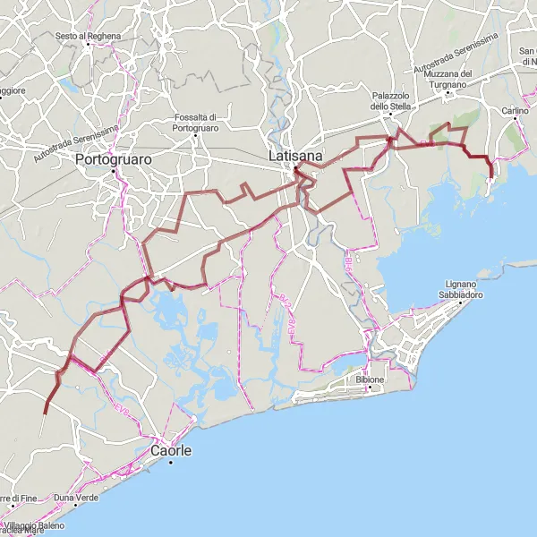 Miniatua del mapa de inspiración ciclista "Ruta de Grava desde Marano Lagunare" en Friuli-Venezia Giulia, Italy. Generado por Tarmacs.app planificador de rutas ciclistas