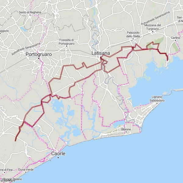 Miniatura della mappa di ispirazione al ciclismo "Tour in mountain bike da Latisana a Marano Lagunare" nella regione di Friuli-Venezia Giulia, Italy. Generata da Tarmacs.app, pianificatore di rotte ciclistiche