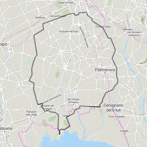 Miniature de la carte de l'inspiration cycliste "Trajet panoramique vers Torviscosa" dans la Friuli-Venezia Giulia, Italy. Générée par le planificateur d'itinéraire cycliste Tarmacs.app