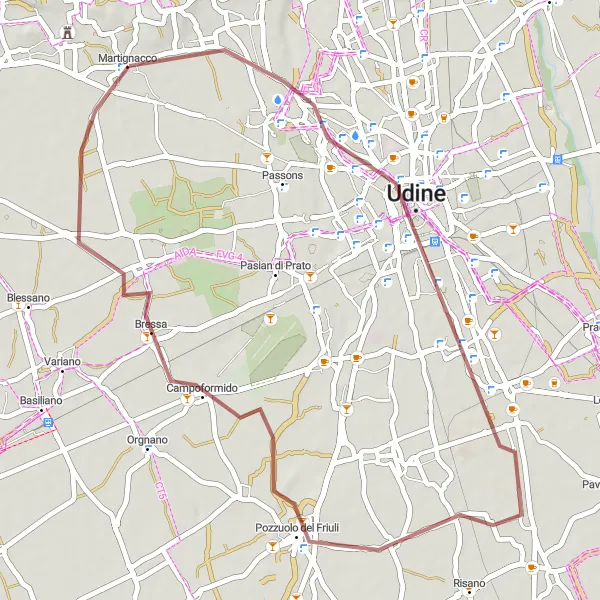 Kartminiatyr av "Pozzuolo del Friuli Gravel Loop" sykkelinspirasjon i Friuli-Venezia Giulia, Italy. Generert av Tarmacs.app sykkelrutoplanlegger