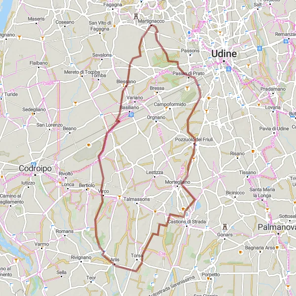 Map miniature of "Castions di Strada and Vissandone Gravel Paradise" cycling inspiration in Friuli-Venezia Giulia, Italy. Generated by Tarmacs.app cycling route planner