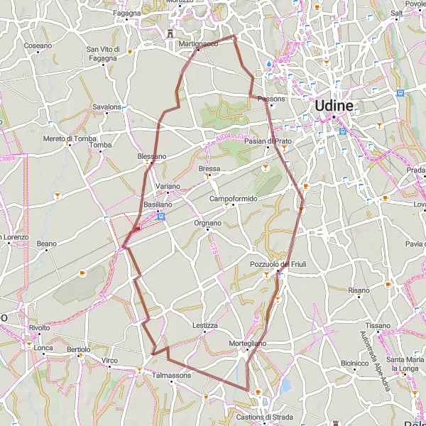 Miniaturní mapa "Trasa Mortegliano" inspirace pro cyklisty v oblasti Friuli-Venezia Giulia, Italy. Vytvořeno pomocí plánovače tras Tarmacs.app