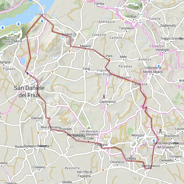 Zemljevid v pomanjšavi "Martignacco to Castello di Brazzà Gravel Loop" kolesarske inspiracije v Friuli-Venezia Giulia, Italy. Generirano z načrtovalcem kolesarskih poti Tarmacs.app