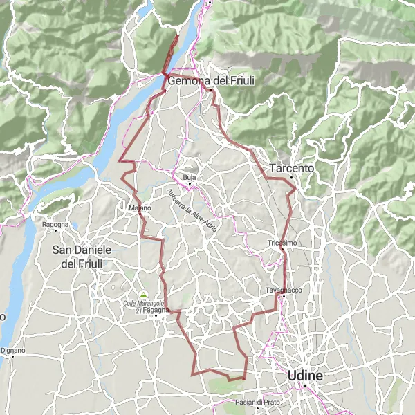 Miniature de la carte de l'inspiration cycliste "Chemin des châteaux et des vallées" dans la Friuli-Venezia Giulia, Italy. Générée par le planificateur d'itinéraire cycliste Tarmacs.app