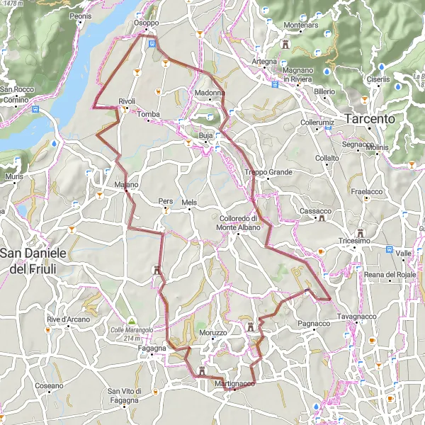 Mapa miniatúra "Gravelový okruh Monte di Buja" cyklistická inšpirácia v Friuli-Venezia Giulia, Italy. Vygenerované cyklistickým plánovačom trás Tarmacs.app