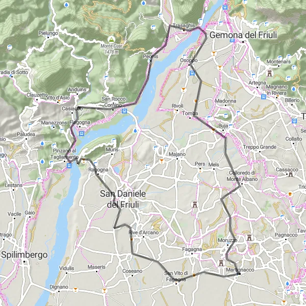 Zemljevid v pomanjšavi "Martignacco - Moruzzo Road Cycling Loop" kolesarske inspiracije v Friuli-Venezia Giulia, Italy. Generirano z načrtovalcem kolesarskih poti Tarmacs.app