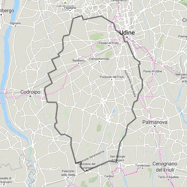 Map miniature of "Udine and Beyond" cycling inspiration in Friuli-Venezia Giulia, Italy. Generated by Tarmacs.app cycling route planner