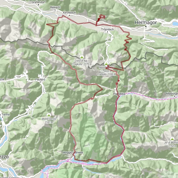 Mapa miniatúra "Gravelová cesta cez Lanzenpass" cyklistická inšpirácia v Friuli-Venezia Giulia, Italy. Vygenerované cyklistickým plánovačom trás Tarmacs.app