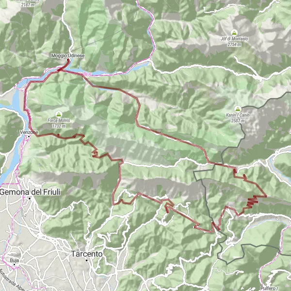 Miniatura della mappa di ispirazione al ciclismo "Percorso in gravella da Moggio Udinese alla Cascata del Rio Cjampeit" nella regione di Friuli-Venezia Giulia, Italy. Generata da Tarmacs.app, pianificatore di rotte ciclistiche