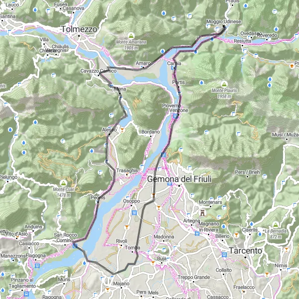 Kartminiatyr av "Utforsk Cesclans og Monte Palis" sykkelinspirasjon i Friuli-Venezia Giulia, Italy. Generert av Tarmacs.app sykkelrutoplanlegger