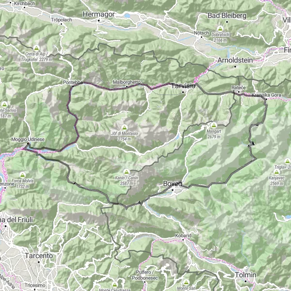 Miniatura della mappa di ispirazione al ciclismo "Tour ciclistico attraverso le montagne da Moggio Udinese a Resiutta" nella regione di Friuli-Venezia Giulia, Italy. Generata da Tarmacs.app, pianificatore di rotte ciclistiche