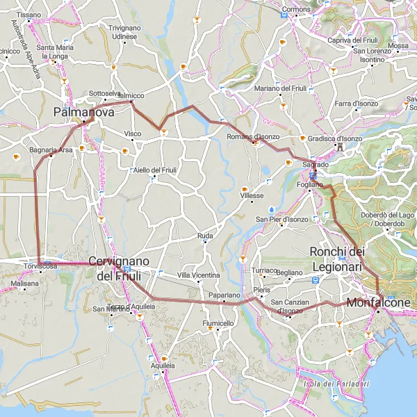 Miniatura mapy "Przejazd gravelowy z Staranzano do Monfalcone" - trasy rowerowej w Friuli-Venezia Giulia, Italy. Wygenerowane przez planer tras rowerowych Tarmacs.app