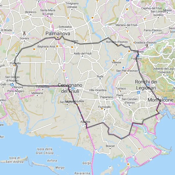 Miniatura della mappa di ispirazione al ciclismo "Tra natura e cultura: pedalata lungo il litorale friulano partendo da Monfalcone" nella regione di Friuli-Venezia Giulia, Italy. Generata da Tarmacs.app, pianificatore di rotte ciclistiche