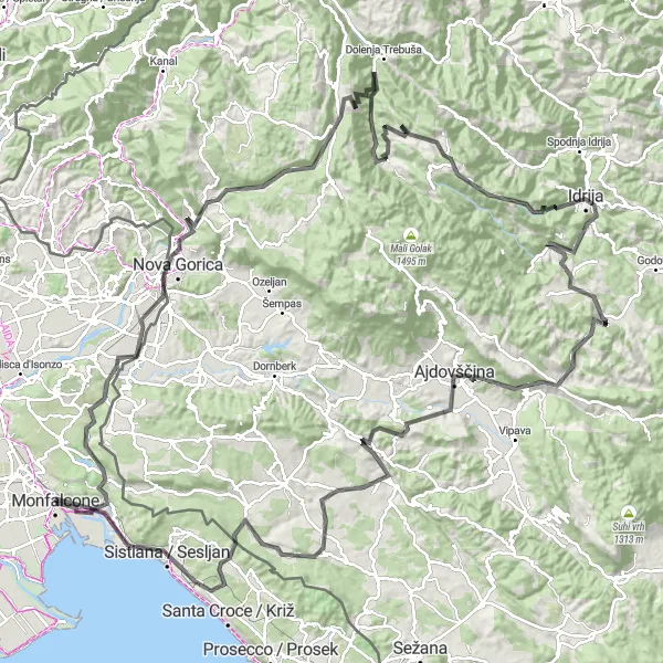 Miniatura della mappa di ispirazione al ciclismo "Avventura epica tra Monfalcone e Križna gora" nella regione di Friuli-Venezia Giulia, Italy. Generata da Tarmacs.app, pianificatore di rotte ciclistiche