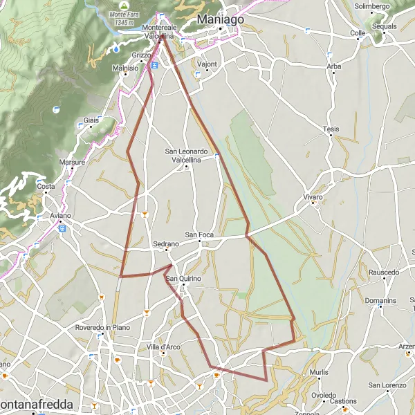 Kartminiatyr av "Eventyr langs grusveiene til San Quirino og Monte Spia" sykkelinspirasjon i Friuli-Venezia Giulia, Italy. Generert av Tarmacs.app sykkelrutoplanlegger