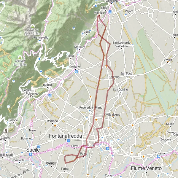 Miniatuurkaart van de fietsinspiratie "Rondrit Gravel van Montereale Valcellina naar Cao Malnisio" in Friuli-Venezia Giulia, Italy. Gemaakt door de Tarmacs.app fietsrouteplanner