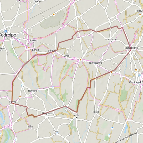 Miniatura della mappa di ispirazione al ciclismo "Esplorazione Gravel di Sivigliano" nella regione di Friuli-Venezia Giulia, Italy. Generata da Tarmacs.app, pianificatore di rotte ciclistiche