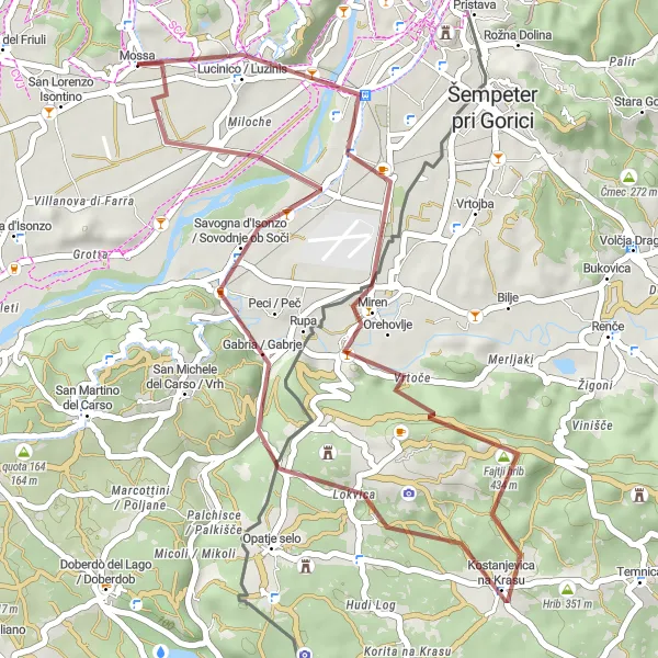 Mapa miniatúra "Gravelová cyklistická trasa okolo Mossy" cyklistická inšpirácia v Friuli-Venezia Giulia, Italy. Vygenerované cyklistickým plánovačom trás Tarmacs.app