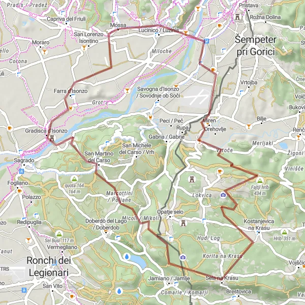 Miniaturní mapa "Gravel route around Mossa with Monte Calvario and Kostanjevica na Krasu highlights" inspirace pro cyklisty v oblasti Friuli-Venezia Giulia, Italy. Vytvořeno pomocí plánovače tras Tarmacs.app