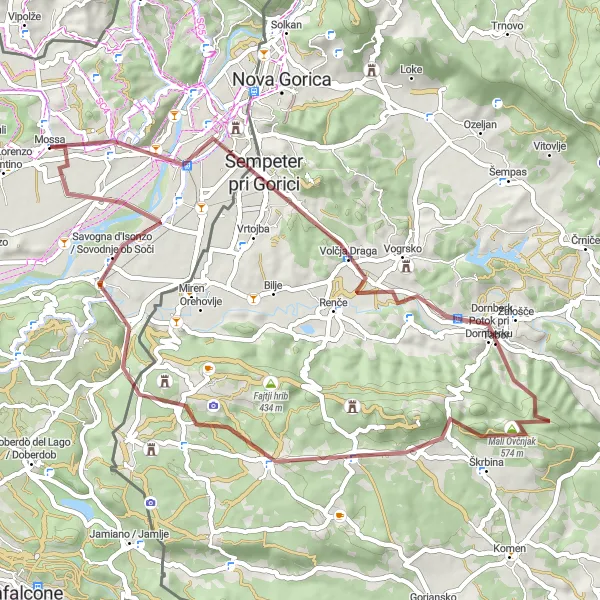 Mapa miniatúra "Gravel trasa cez Gorizio a Kostanjevico na Krasu" cyklistická inšpirácia v Friuli-Venezia Giulia, Italy. Vygenerované cyklistickým plánovačom trás Tarmacs.app