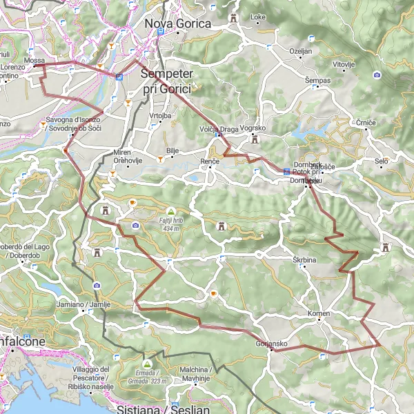 Miniaturní mapa "Gravelová trasa přes Gabrovica pri Komnu" inspirace pro cyklisty v oblasti Friuli-Venezia Giulia, Italy. Vytvořeno pomocí plánovače tras Tarmacs.app