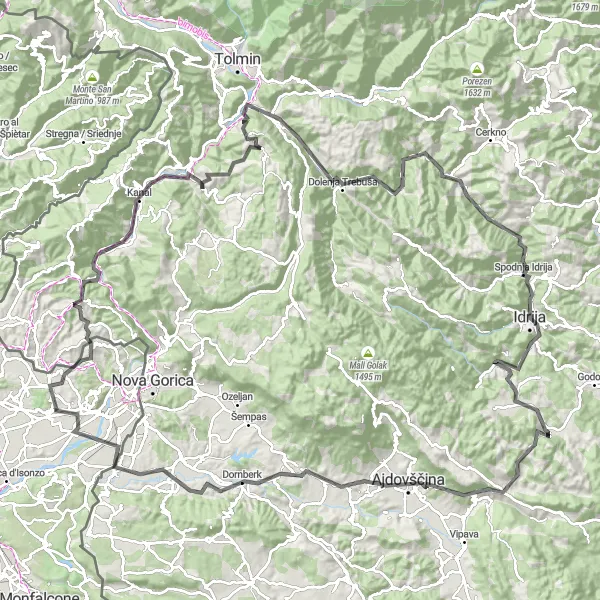 Miniatuurkaart van de fietsinspiratie "Wegroute rond Mossa via Kojsko en Idrija" in Friuli-Venezia Giulia, Italy. Gemaakt door de Tarmacs.app fietsrouteplanner