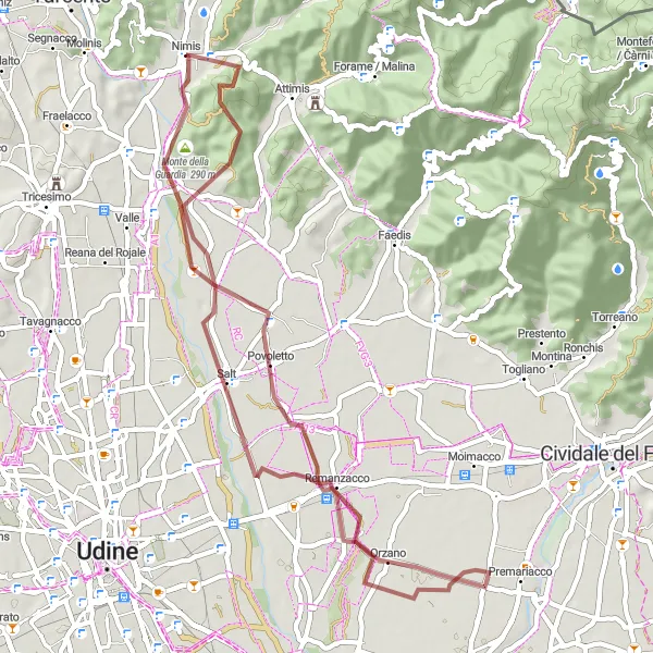 Miniatuurkaart van de fietsinspiratie "Gravelroute vanuit Nimis naar Remanzacco en Monte delle Baldasse" in Friuli-Venezia Giulia, Italy. Gemaakt door de Tarmacs.app fietsrouteplanner