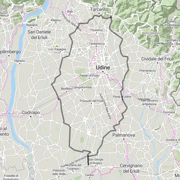 Zemljevid v pomanjšavi "Kolesarska dogodivščina v okolici Nimisa" kolesarske inspiracije v Friuli-Venezia Giulia, Italy. Generirano z načrtovalcem kolesarskih poti Tarmacs.app