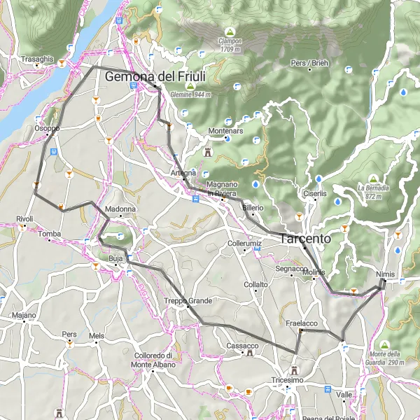 Miniaturní mapa "Kolem Monte di Buja" inspirace pro cyklisty v oblasti Friuli-Venezia Giulia, Italy. Vytvořeno pomocí plánovače tras Tarmacs.app