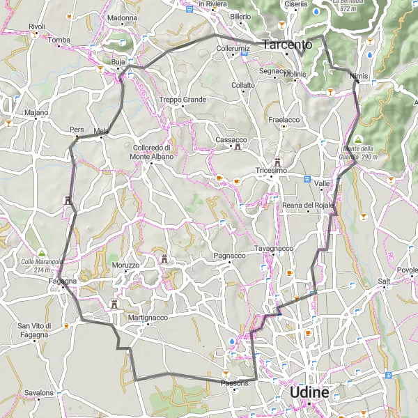 Miniatura della mappa di ispirazione al ciclismo "Tour in bicicletta da Monte della Guardia a Tarcento" nella regione di Friuli-Venezia Giulia, Italy. Generata da Tarmacs.app, pianificatore di rotte ciclistiche